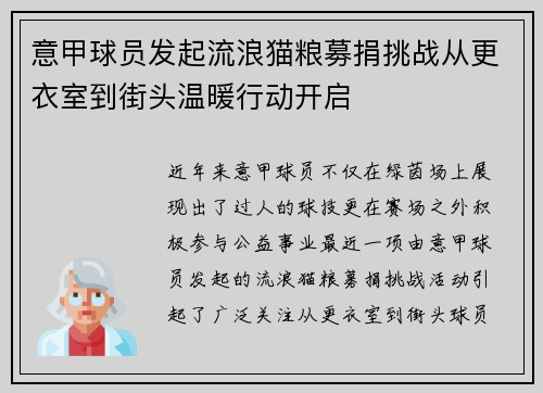 意甲球员发起流浪猫粮募捐挑战从更衣室到街头温暖行动开启